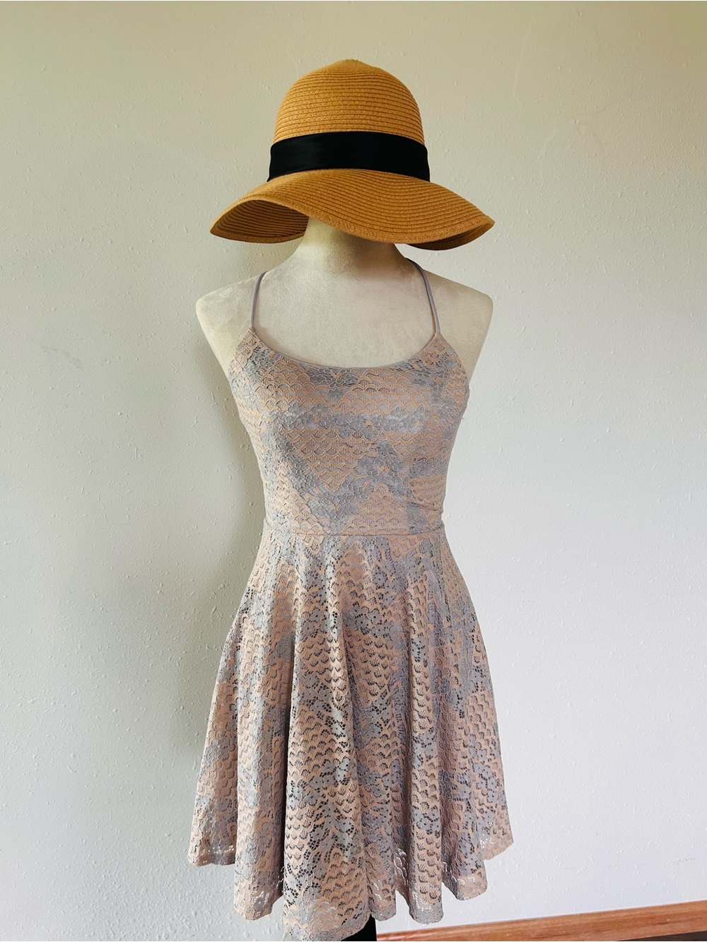 Camille La Vie Lace Fit-and-Flare Dress in Blush and Gray